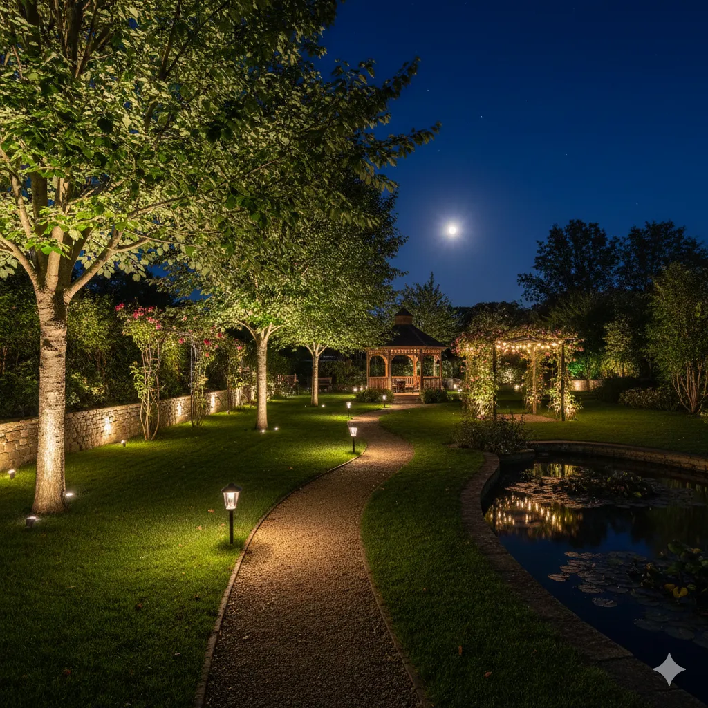 Utomhusbelysning som lyser upp trädgård på kvällen